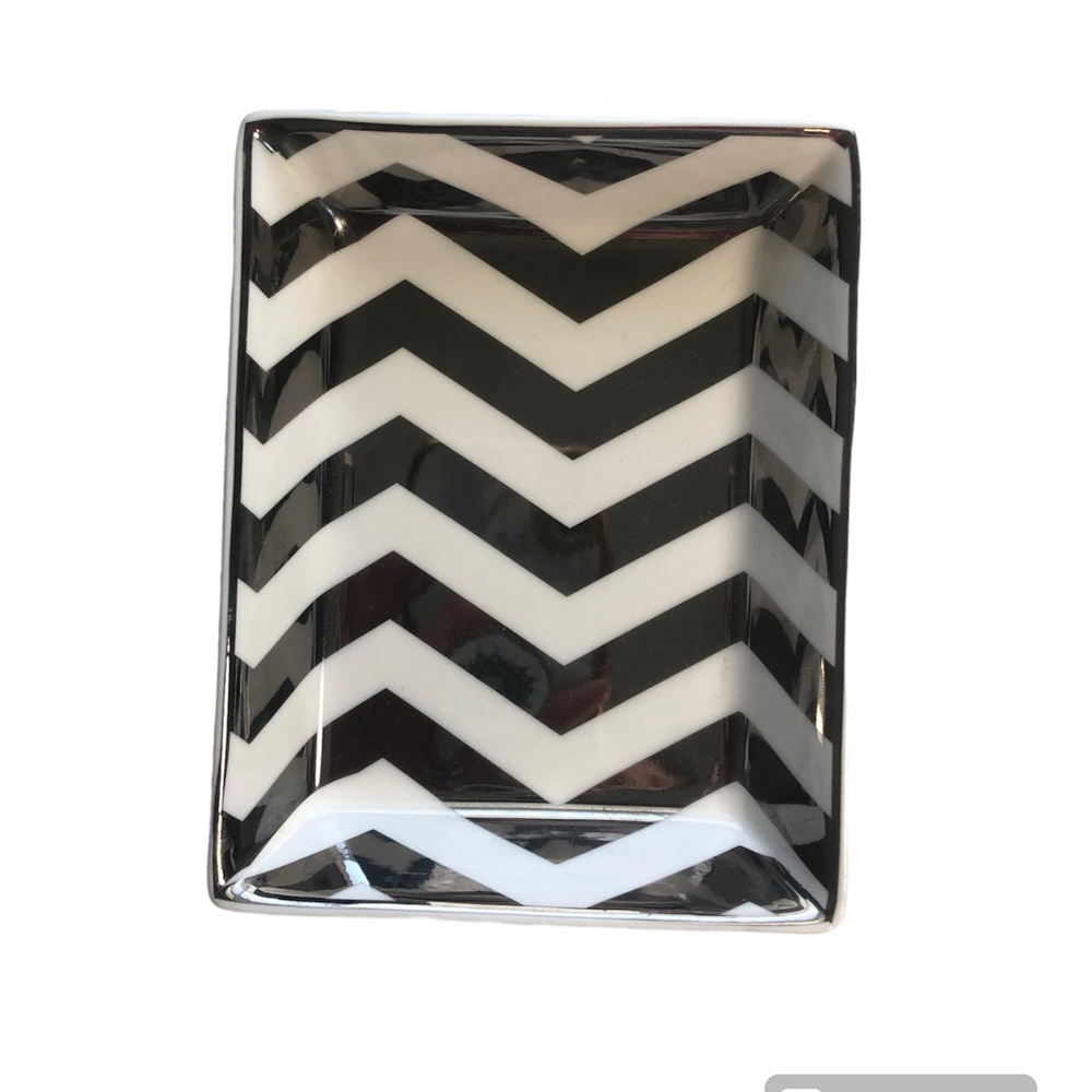 J. Crew Factory Silver White Chevron Trinket Jewelry Ceramic Tray